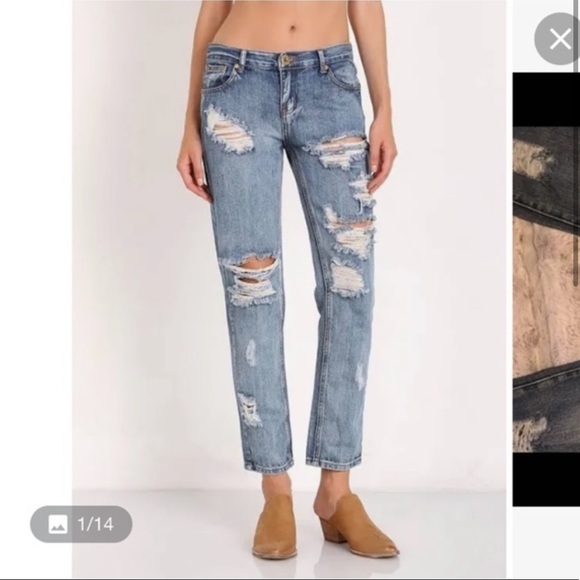 One Teaspoon Awesome Baggies Medium Wash Super Distressed Ripped Straight Jeans - Picture 14 of 14